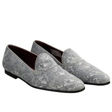 DOLCE & GABBANA DG Logo Barock Samt Loafer Mokassins Schuhe Grau 44 UK 10 US 11