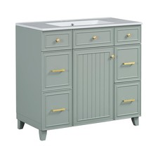 36" Bathroom Vanity with Ceramic Sink, Green, Solid Wood Frame, Doors,