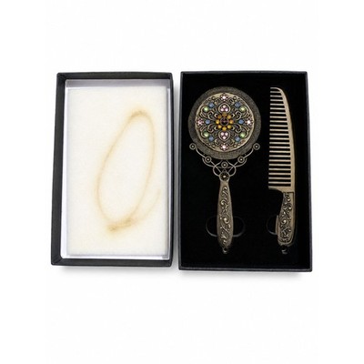Vintage Style Jeweled Antique Bronze Filigree Hand Mirror & Comb 2-Piece Set