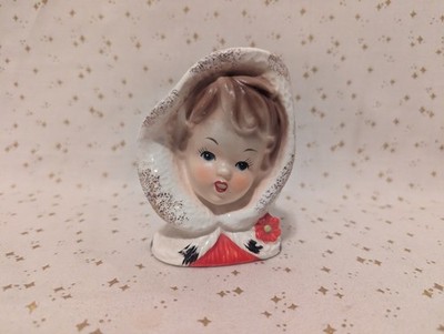 Vintage Inarco Christmas Girl Head Vase E-1274 Lady Head Vase