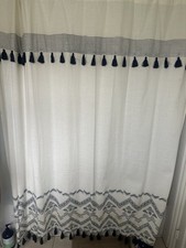 World Market Shower Curtain Boho Tassles Cream Blue Cotton 72 x 72 in