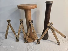 2 VINT. 11/2" & 12" WOODEN INDUSTRIAL TEXTILE MILL FACTORY SPOOLS & TAPE MEASURE