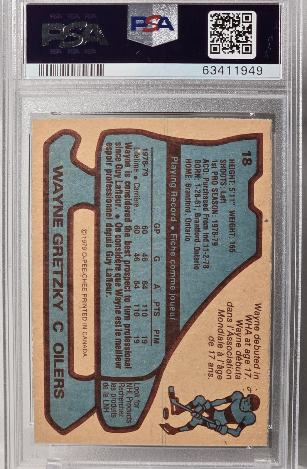 1979 O-PEE-CHEE Wayne Gretzky Rookie Card #18 Graded PSA 7 NMT Edmonton Oilers view 2