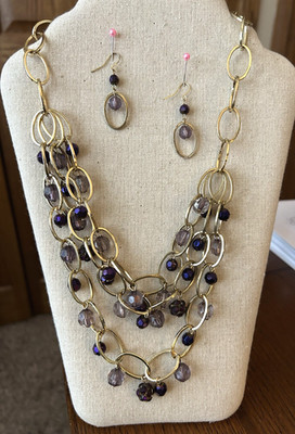 Shades of Purple NECKLACE + EARRINGS Set GoldTone VGC
