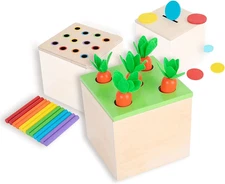 Box Wooden Play Kit, 3-In-1 Activity Cube: Includes Carrot Harvest, Object Perma