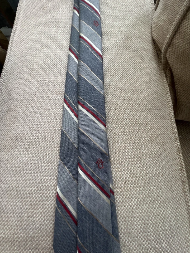Christian Dior Logo Años 70 Vintage Gris Corbata Ajustada Rayas Azul Rojo Blanco Foto 2 de 4