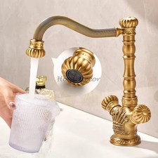High-end Carved Retro Brass Swivel Faucet Bathroom Sink Basin Rotating Mixer Tap