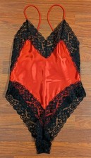 Vintage Blush Red Satin Teddy Bodysuit M Black Lace Lingerie Made USA