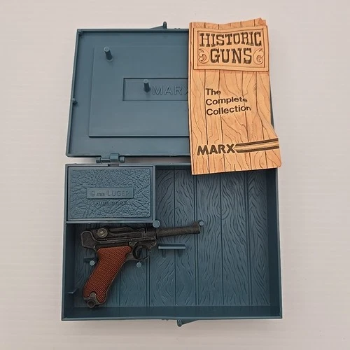 1974 New Old Stock Louis Marx Toy Miniature 9mm Luger Gun & Case with History