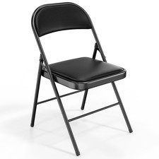 Single Black Folding Chair Padded PU Leather Seat Metal Frame 350lb Capacity