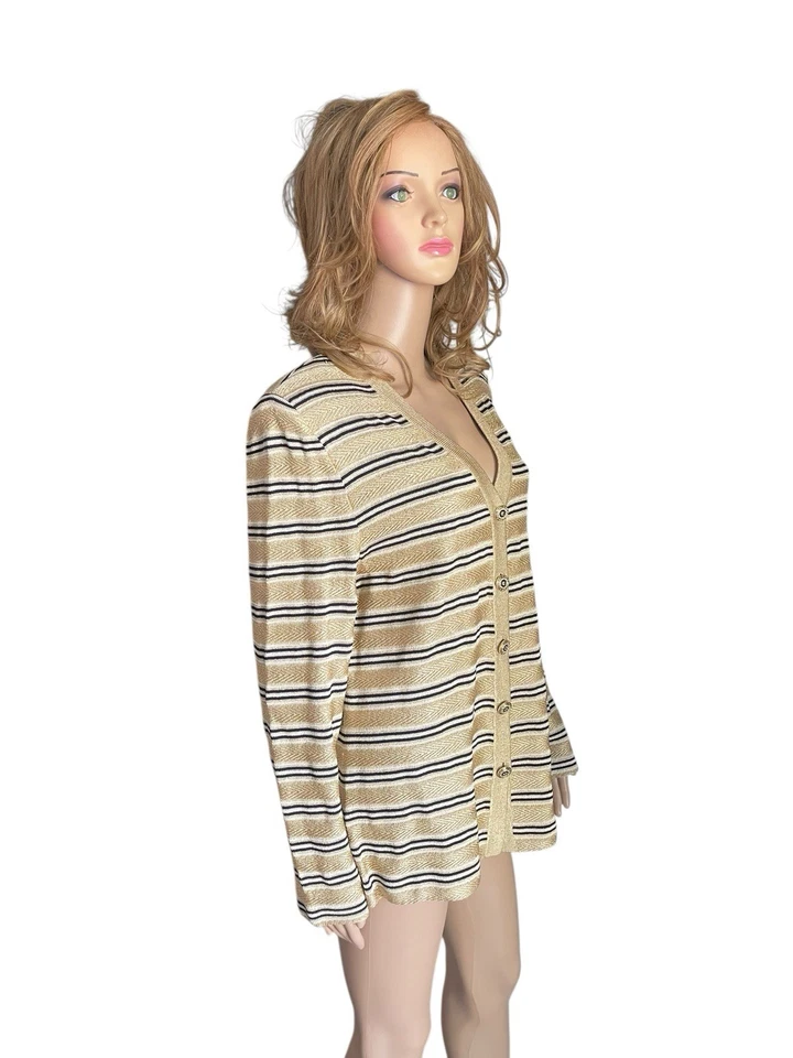 Nueva CHAQUETA ST JOHN COLLECTION DE PUNTO ELEGANTE METÁLICA DORADA, BLANCA Y AZUL MARINO TALLA 14 Foto 3 de 4