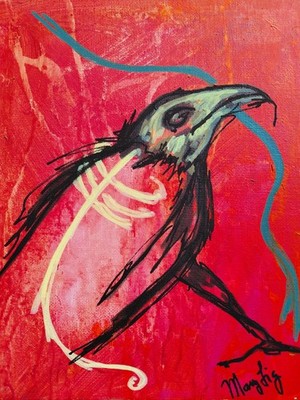 Skeleton Crow Gothic Outsider Naive Abstract Original Painting 8x10