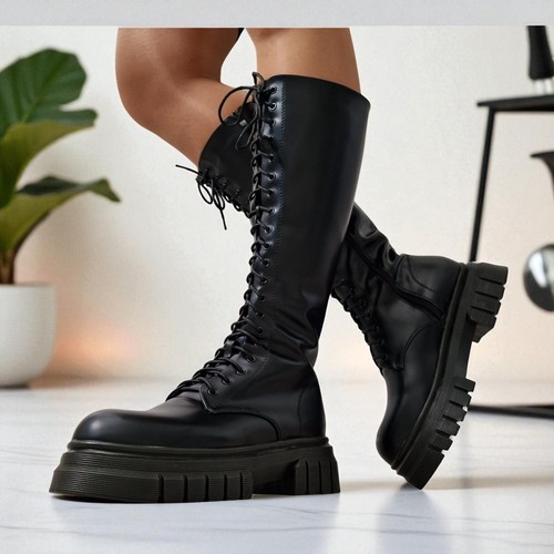 Womens Lace Up Boots Ladies Chunky Low Heel Combat Casual Biker Military Shoes - Picture 7 of 8