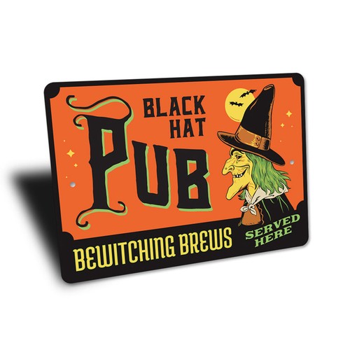 Black Hat Pub, Bewitching Brews Served Here, Halloween Pub Metal Sign - Picture 3 of 4