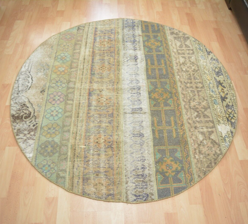 Beige Turkish Vintage Round Rug, 4.8x4.8ft, Antique Multicolor Handmade Rug,