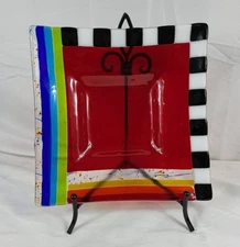 Studio Art Glass Vintage Plate Decorative Black White Red Square Child's
