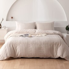 WARMDERN Khaki Boho Duvet Cover Set Queen Size, Striped Textured Tufted Beddi...