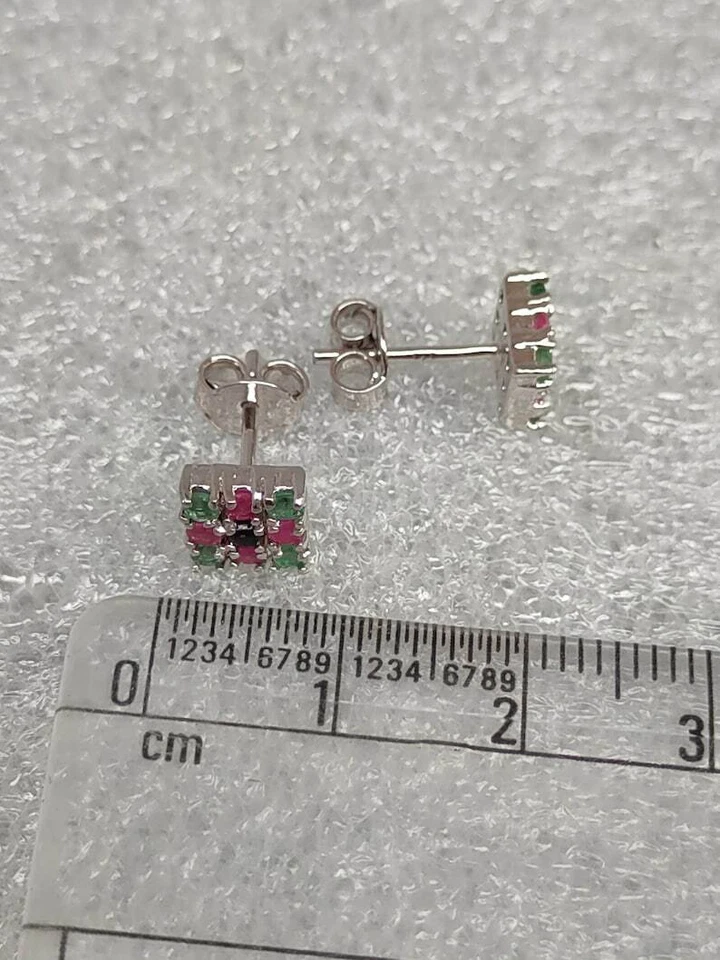 0.90 Karat Saphir Smaragd & Rubin Ohrstecker 925 Massiv Silber - Bild 4 von 4
