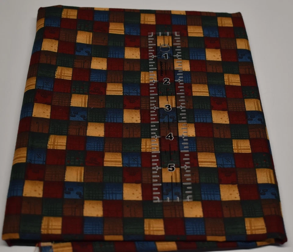 35" x 44" cotton fabric CRANSTON  brown tan dark red blue green SQUARES - Image 2 of 4