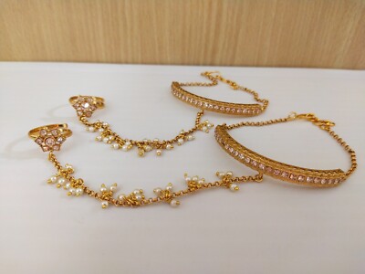 Indian Temple Jewelry Hath Punja Bollywood Ethnic Gold Plated Bracelet With Ring