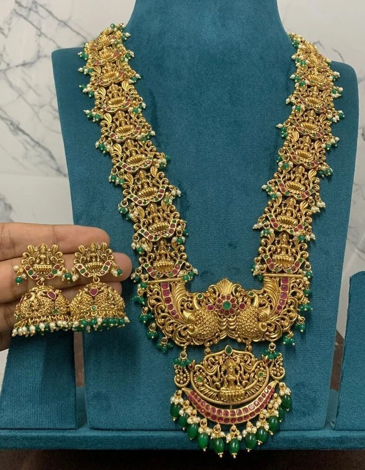 Indisch Bollywood Matt Vergoldet Traditionell Tempel Braut Halskette Schmuck Set