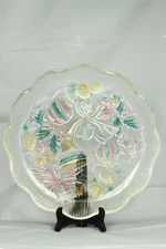 Home Beautiful Joyous Season Round Glass Hostess Platter Bell Bow Holly 14"