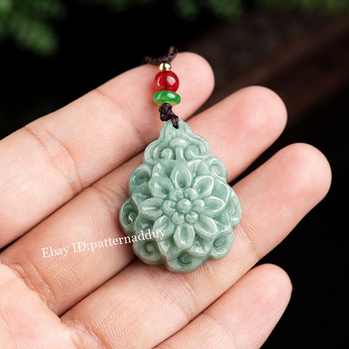 Burmese Jade Flower Pendant Jewelry Necklace Green Carve Natural Jadeite - Picture 3 of 4