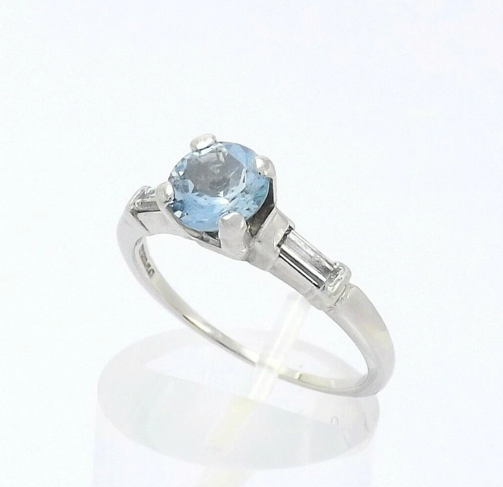 Platinum Round Natural Aquamarine March Birthstone Diamond