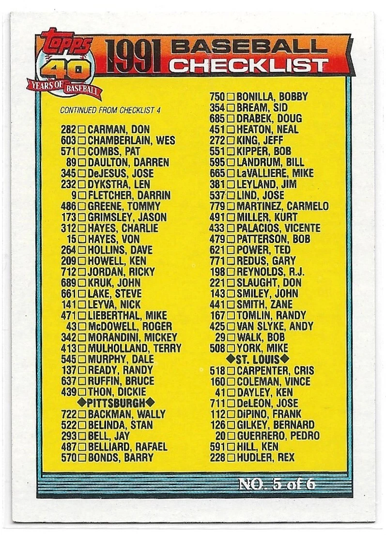 1991 Topps #656 Checklist Error "Vicente Palacios Listed as Card #433"