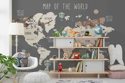 3D Cartoon World Map Wallpaper Wall Mural Removable Self-adhesive 1885