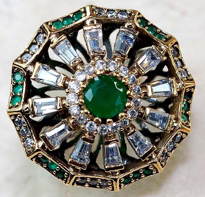 4CT Treated Emerald Silver Ring Ottoman Empire Style Size 8