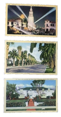 3 Vtg BEVERLY HILLS California Linen Postcard - Jack Benny Home, Carthay Theater