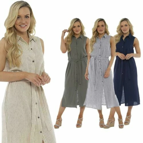 Linen Striped Sleeveless Dresses for Women