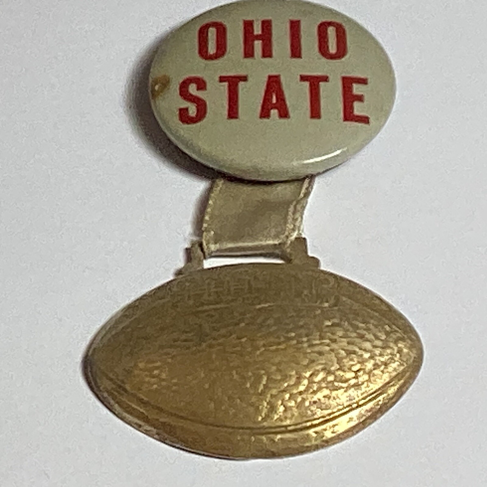 VTG RARE OHIO STATE CELLULOID PINBACK BUTTON W/DANGLE EMBOSSED BRASS FOOTBALL