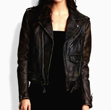 Women's Slim Fit Cafe Racer Black Distressed Biker Leather Jacket