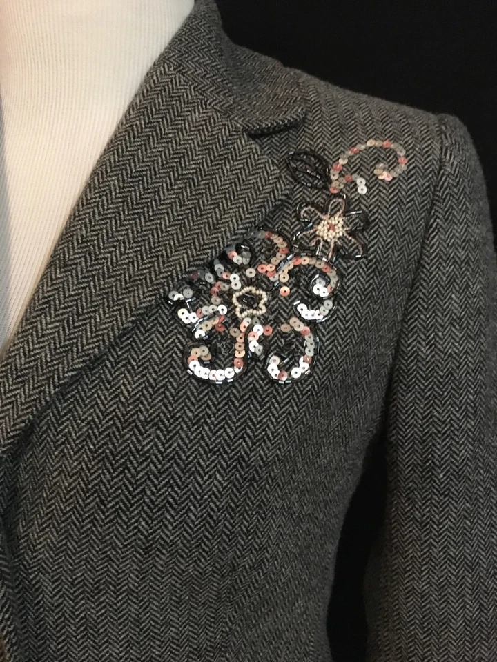 * Blazer de cuentas de mezcla de lana espiga para mujer 2 1091 NUEVO SIN ETIQUETAS LAUNDRY SHELLI SEGAL Foto 2 de 4