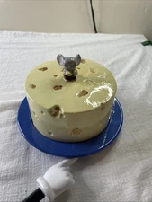 Vintage Yellow Ceramic Swiss Cheese Dish With Blue Plate And Mouse on Top