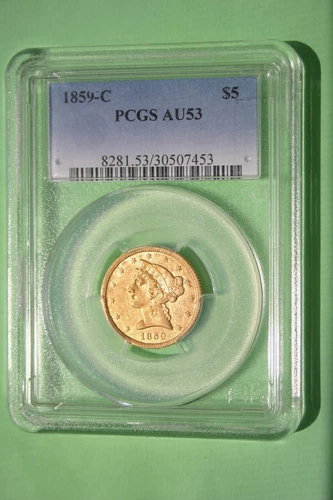 Ann 1859-C $5 Liberty Half Eagle Gold Coin. Certified PCGS AU53