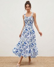 Floral Boho Maxi Dress Square Neck Summer Beach Sundress Ca...