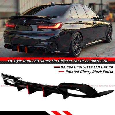 For 19-22 BMW G20 3 Series LD Style Gloss Black Rear Diffuser W/ Dual LED Light