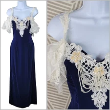 Vintage 80s Velvet Lace Formal Dress Size 8 10 Ball Gown Bow Long Blue Beaded