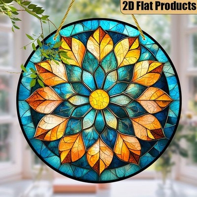 Vibrant Teal Gold Floral Mandala Acrylic Suncatcher Botanical Window Decor Gift