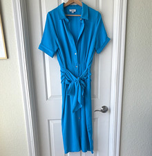 Tahari Arthur S. Levine Blue Midi Shirt Dress Collared Tie Waist Size 8