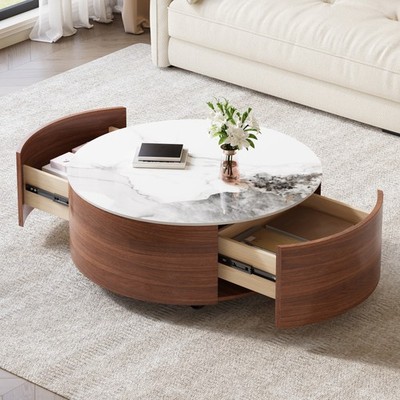 29.5'' Modern Round Movable Coffee Table Marble Pattern Sintered Stone Top
