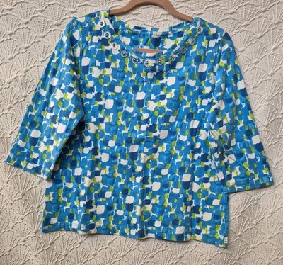 Womens Blouse N Touch Petite M Blue White Green Nice Design Pretty Neckline 