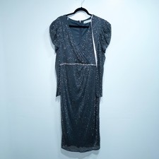 Mac Duggal 93674 Charcoal Gray Beaded Wrap Over Puff Sleeve Dress Size 12 NWT