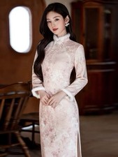 C2-1 Vintage Chinese Qipao Cheongsam Dress Pink Floral High Neck Sheath Midi