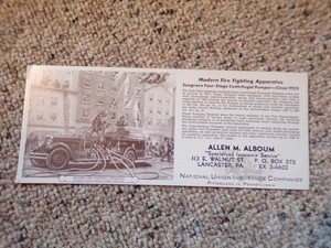 Alboum Insurance Lancaster PA Fire Fighting Apparatus Hollrock Art Vntg Blotter