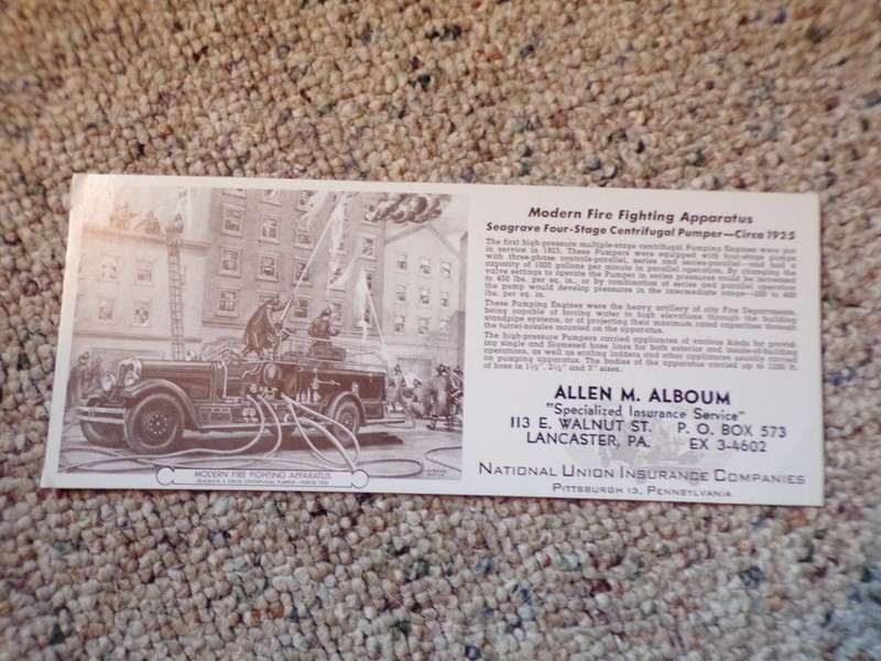 Alboum Insurance Lancaster PA Fire Fighting Apparatus Hollrock Art Vntg Blotter