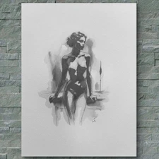 Original Classical Watercolor 8x10 Black And White Painting Nude Female Figure